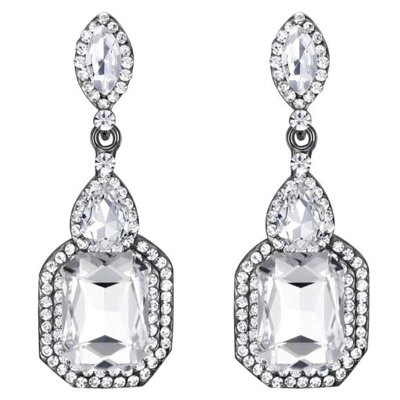 Gun Metal with White Diamond Austrian Crystal Infinity Chandelier Post Earrings - Picture 1 of 5